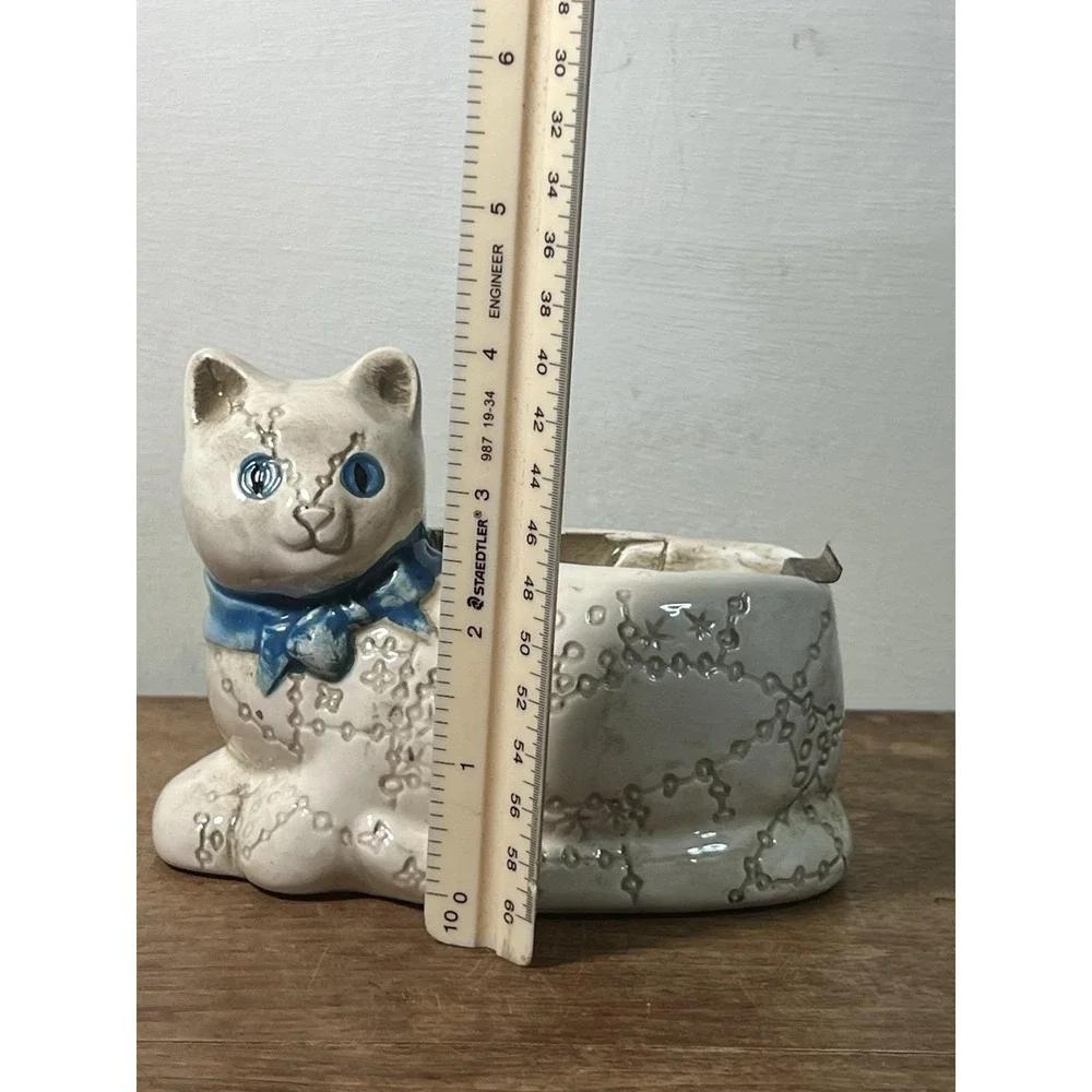 Vtg Ceramic Cat Tape Dispenser Hippy Celestial Ceramic Animal Wizard Stars Witch